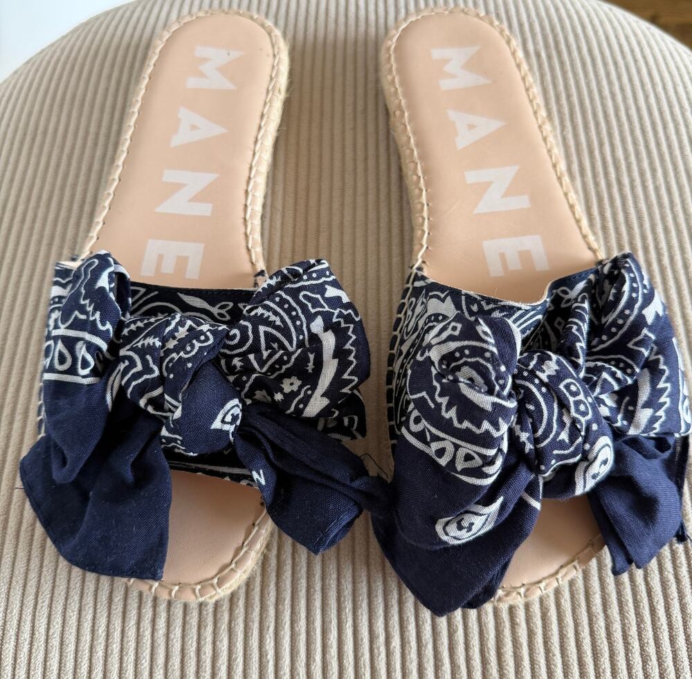 MANEBI Navy White Scarf Tied Slides Bandana Bow Slip On Espadrilles Sandal Sz 39